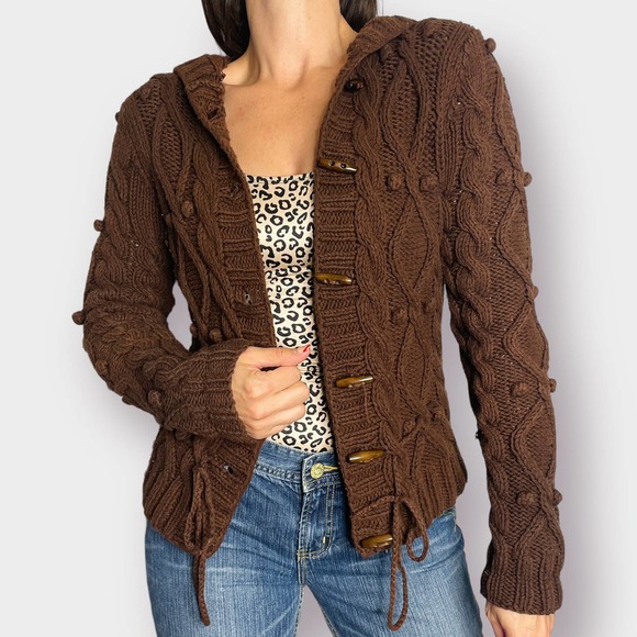 Y2K Kenji Brown Cardigan Sweater with‎ Hood - Picture 2 of 9